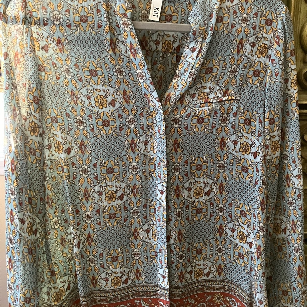 Kut from the Kloth Light Blue, Rust & Yellow Floral Button-Up Top